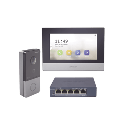 Kit de Videoportero IP + Switch Poe Poe Estandar con llamada a App de Smartphone (HikConnect) / Apertura con tarjeta MIFARE / Frente de calle IP65 / Soporta 1 Departamento